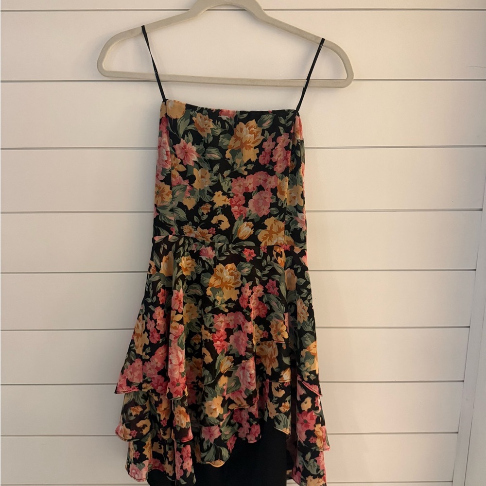Lulu's Black Floral Tiered Dress with Pink & Yellow Blooms